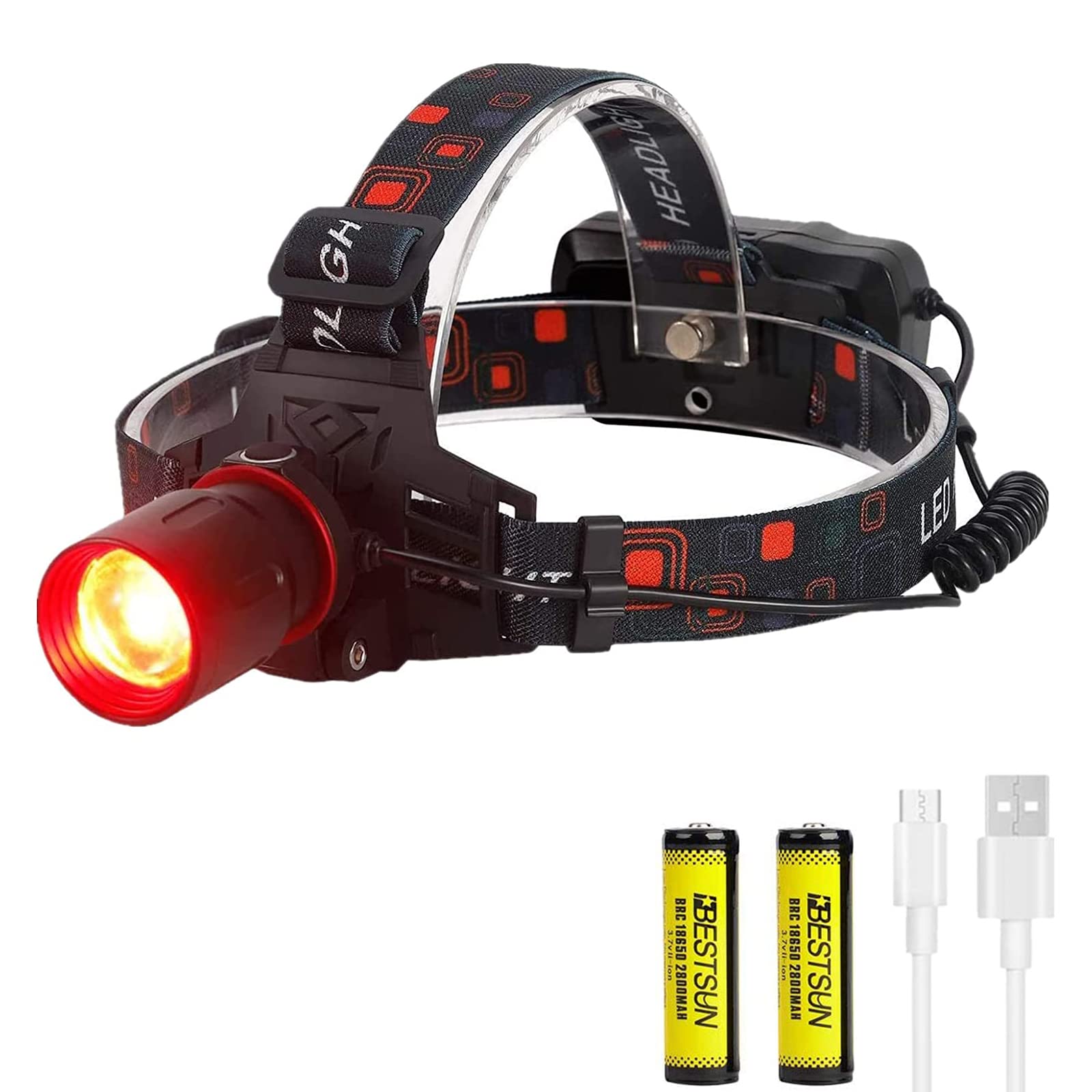 BESTSUN Red Light Head Torch Rechargeable Ultra Bright Zoomable LED Headlamp for Astronomy Night Vision Camping