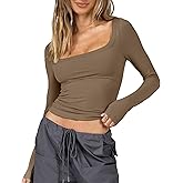 GGOV Women's Long Sleeve Crop top, Ribbed & Slim Fitted Cotton Shirts, Square Crewneck Tee Basics for Daily & Casual Wear