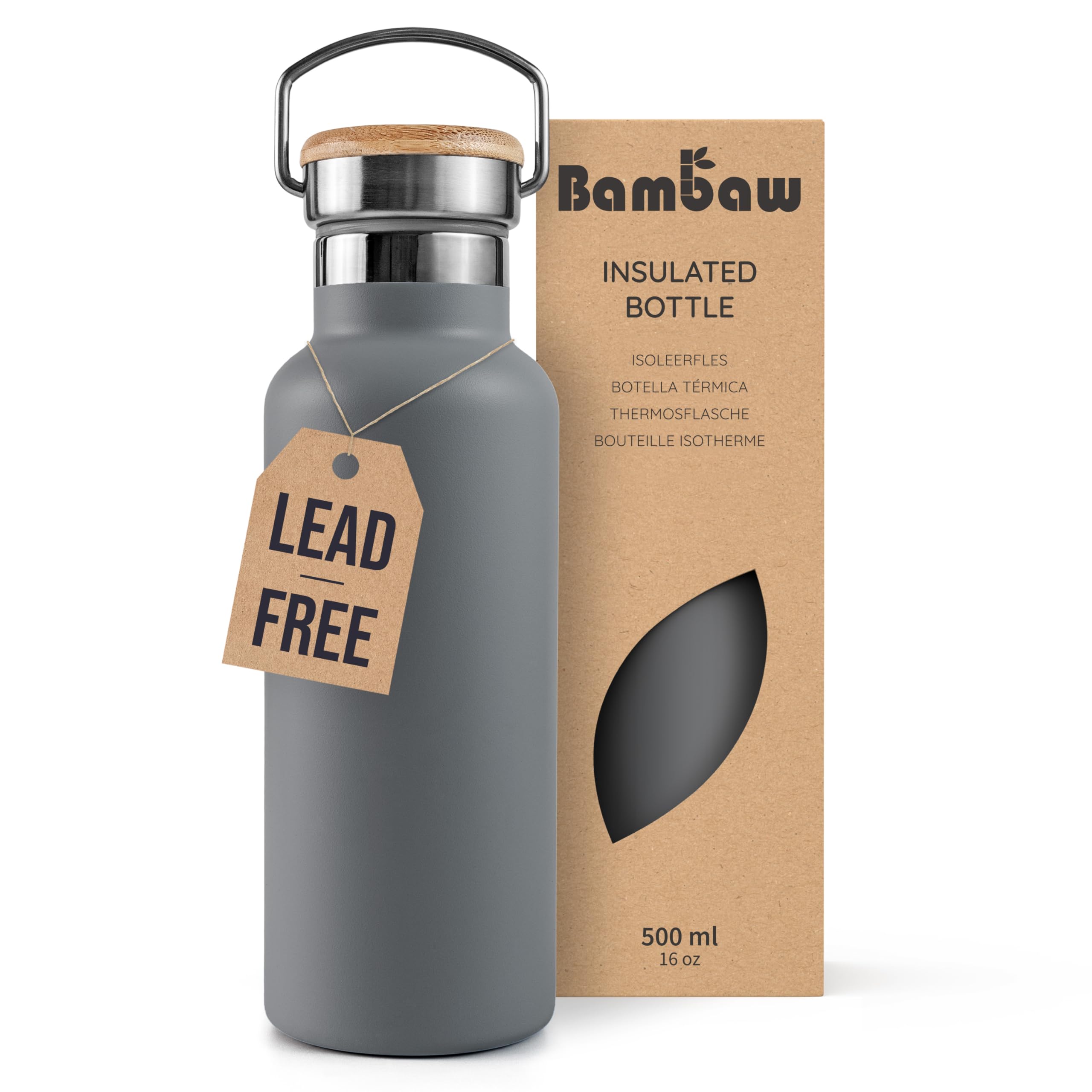 Bambaw Insulated 500ml Water Bottle, Metal Water Bottles that Keep Water Cold & Hot, Wide Mouth Fits Tea Infuser, Easy to Carry with Handle, Perfect for School, Gym or Hike (Stormy Gray)