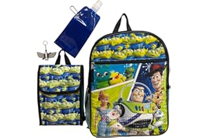 Fast Forward Toy Story Large Backpack 5 Pc Set W/Lunch Box, Keychain, Collapsible Water Bottle, & carabiner Metal Clip (Black-Blue)