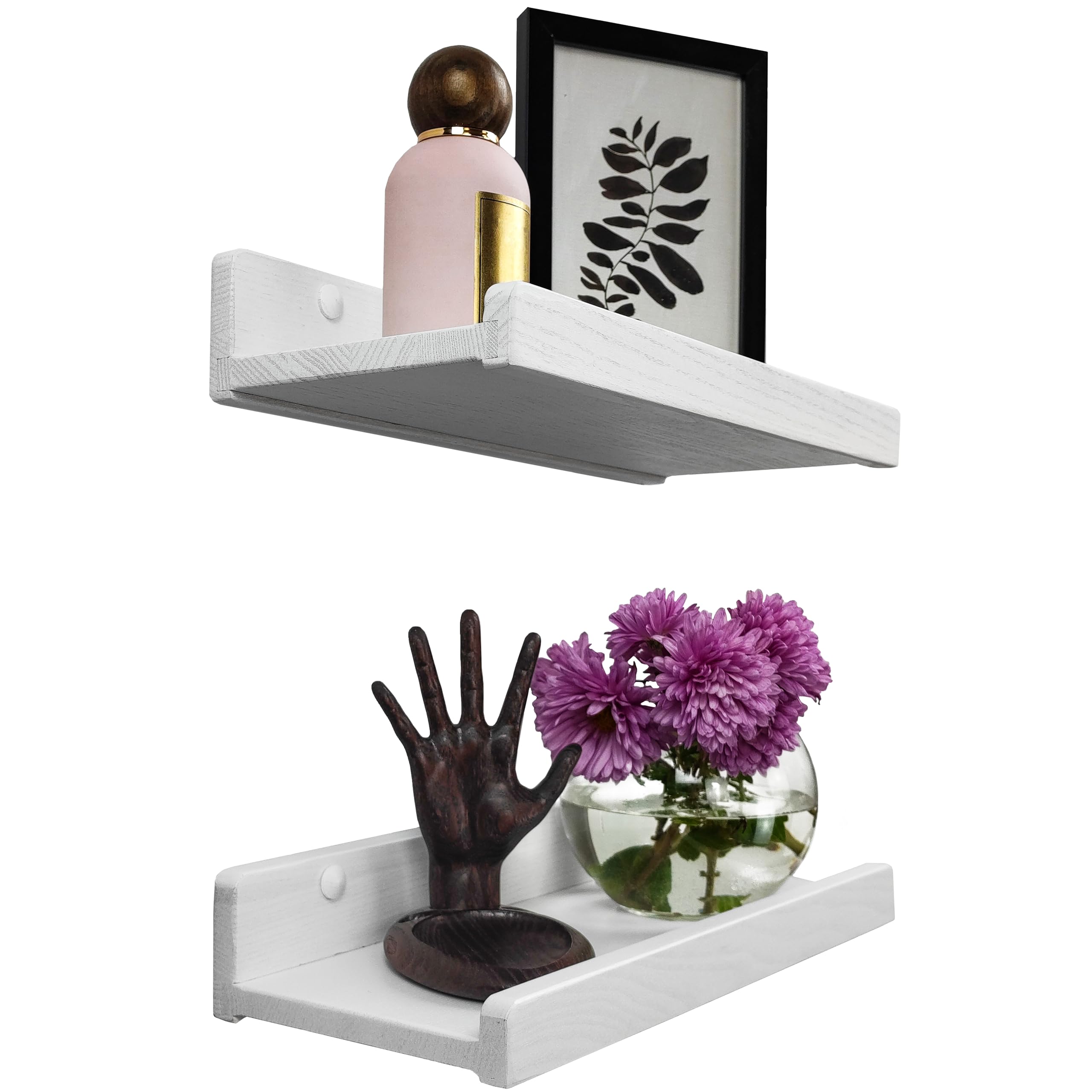 Handcrafted Floating Shelves for Wall 30cm, Waterproof Wall Storage Shelves with Lip, Display Picture Ledge Shelf for Living Room Photo Frame, Natural Wood Hanging Book Shelves (White, Set 2)