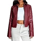 MakeMeChic Women's Crop Faux Leather Jacket Vintage Long Sleeve Collar Zip Up Biker Motorcycle Jackets Coats