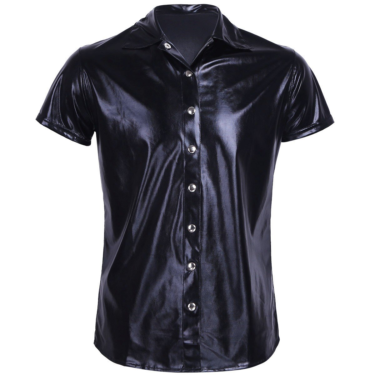 Men's Uniform PVC Faux Leather Button Design Short Sleeve Slim Fit Top Club Wear Patternless 