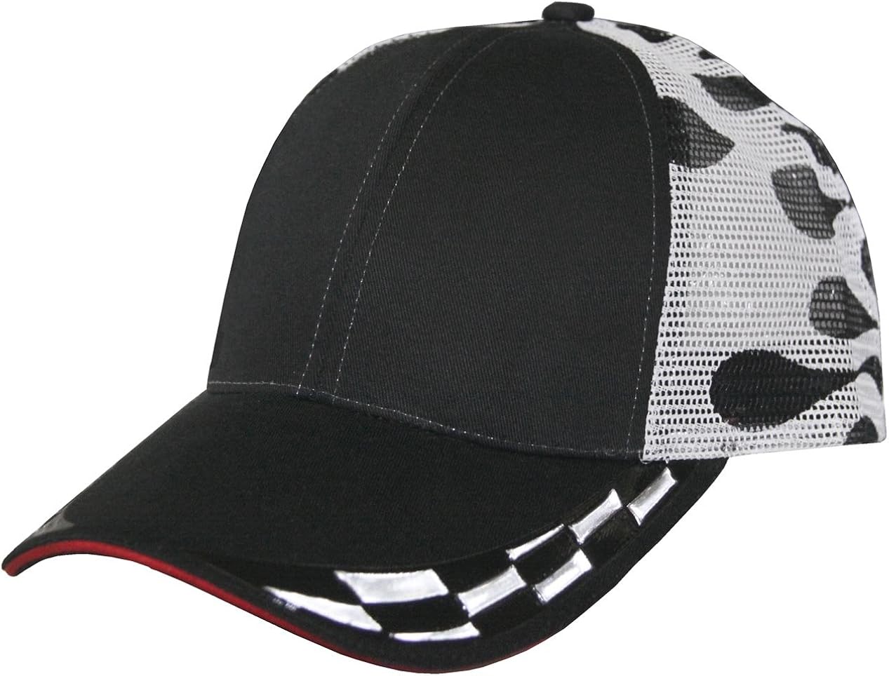 Checkered Race Car Decal Mesh Trucker Snapback Cap (Black/Checkered) at