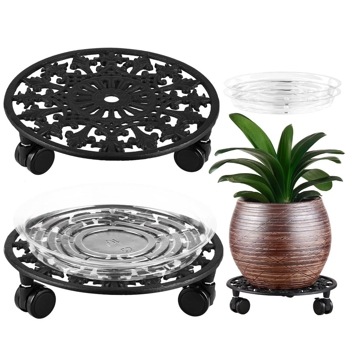 Photo 1 of 2 Pack Plant Caddy with Wheels, PlanterHoma 11 Inch Metal Plant Stand with Wheels Heavy Duty Wrought Iron Plant dolly Rolling Stand Plant Roller with Casters for Indoor and Outdoor with 2 Pack Plant Saucers