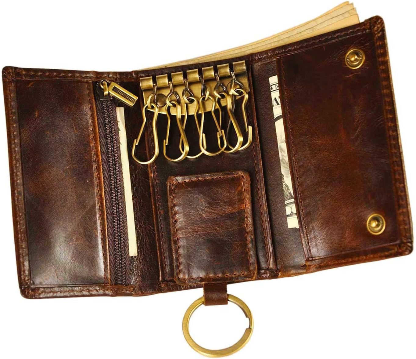 Le'aokuu Mens Genuine Leather Car Key Case Loop Hook Coin Case Cover Wallet Snap 1064(A Coffee)