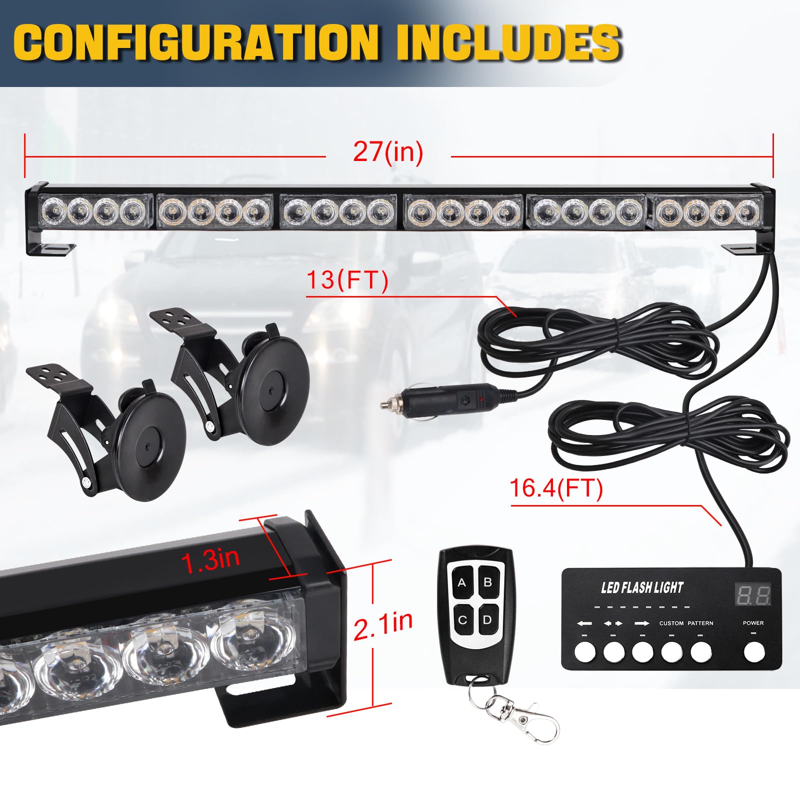 Traffic Advisor Strobe Lights Bar Emergency Warning Strobe Flash Visor Lights for Vehicles Trucks Suction Bracket 27 Inch 6 Panel Led Wireless Remote Control Amber and White