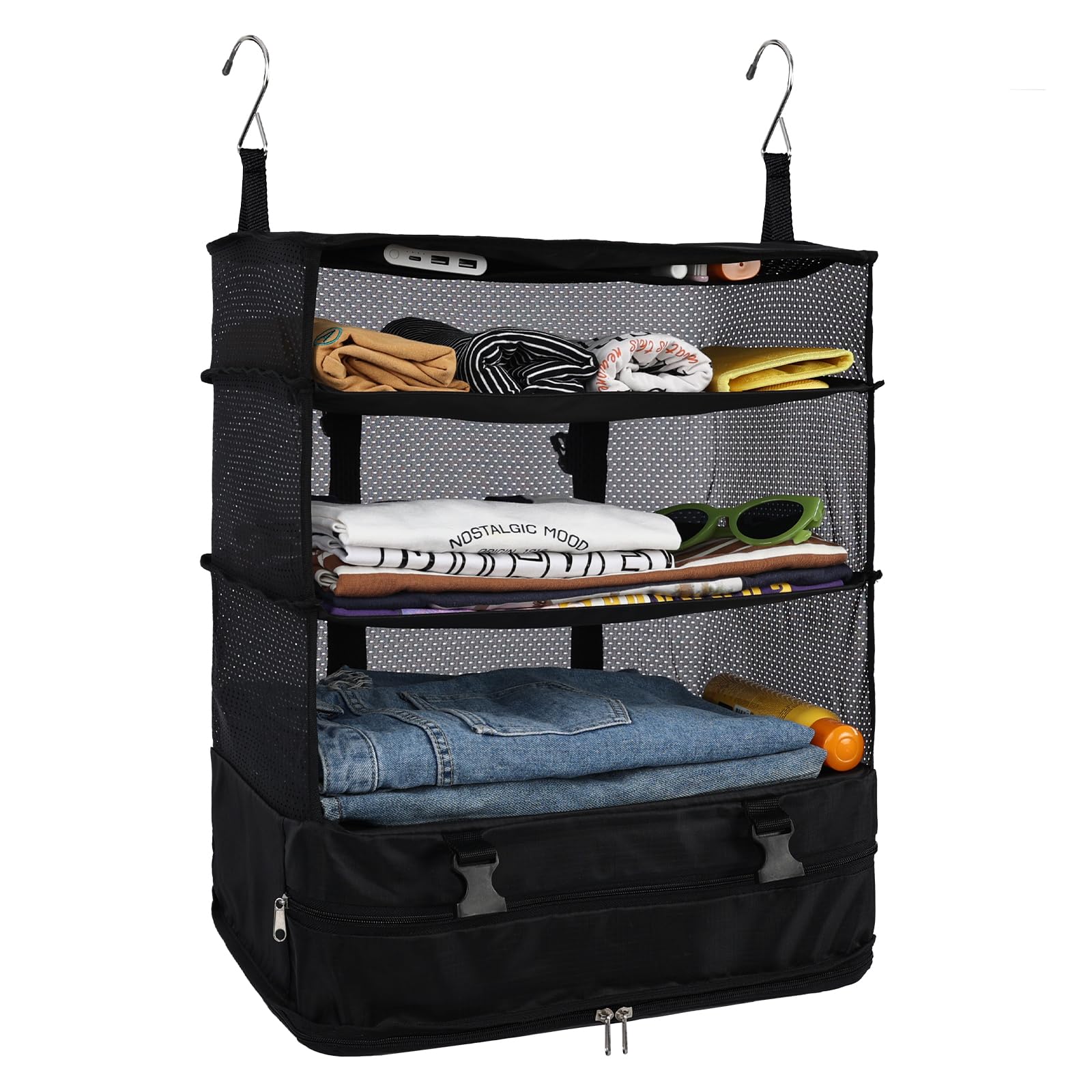 Surblue Hanging 3-Shelf Closet Organizer Foldable Travel Storage Bag for Clothes Washable Oxford Fabric with 2 Hooks Black XL