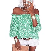 Teurkia Womens Summer Off Shoulder Blouse Floral Print 3/4 Sleeve Casual Chiffon Tops Shirts