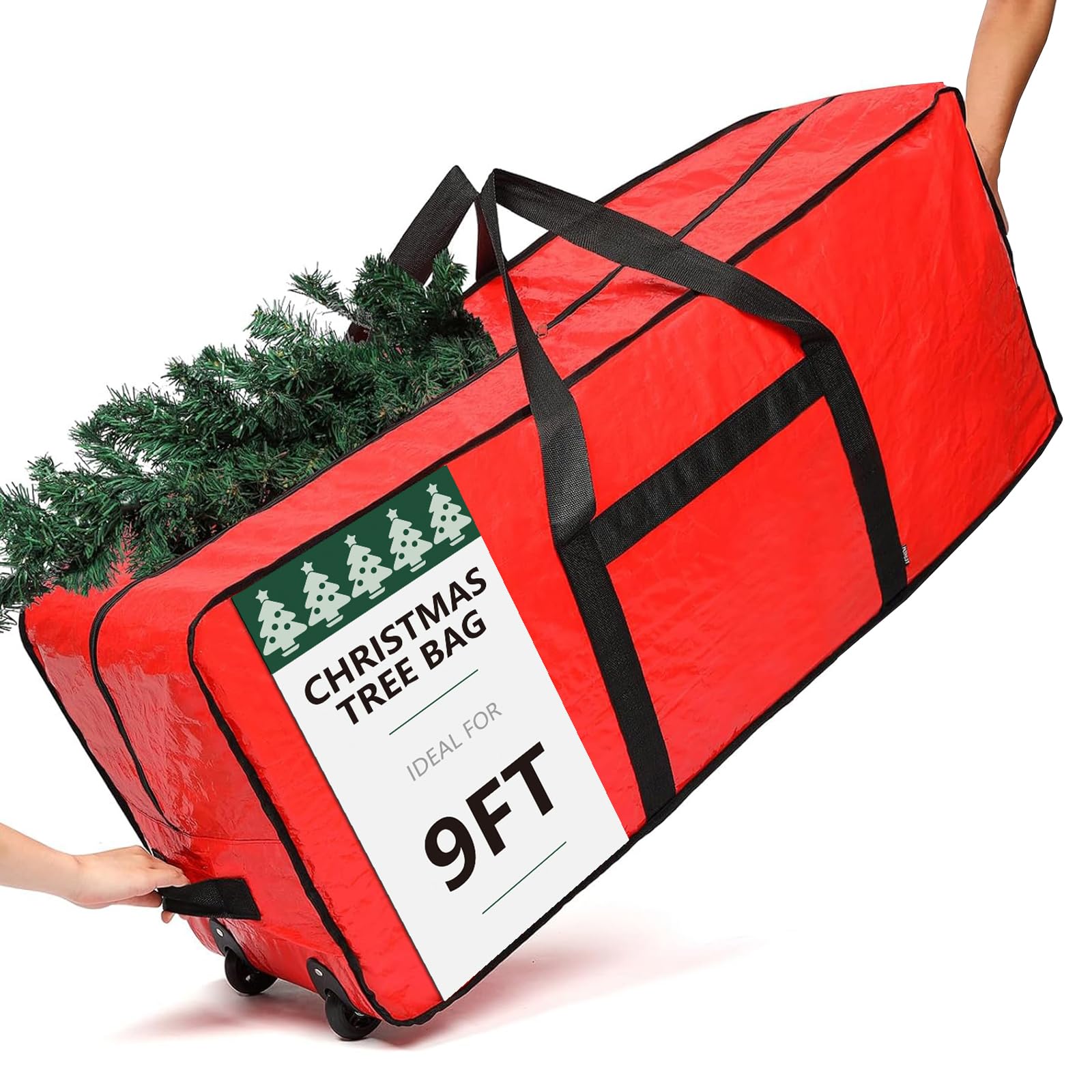 Photo 1 of HOMEST Christmas Tree Storage Bag, Fits for 9 ft Xmas Artificials, Zippered Bag with Reinforced Carrying Handles and Wheels, Red (Bag Only)