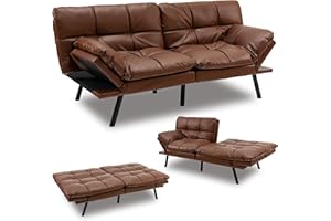 KOMFOTT Futon Sofa Bed, Faux Leather Memory Foam Convertible Futon Couch with Adjustable Backrest & Armrests, Metal Legs, Modern Loveseat Sleeper Bed Split-Back Sofa for Small Apartment & Office