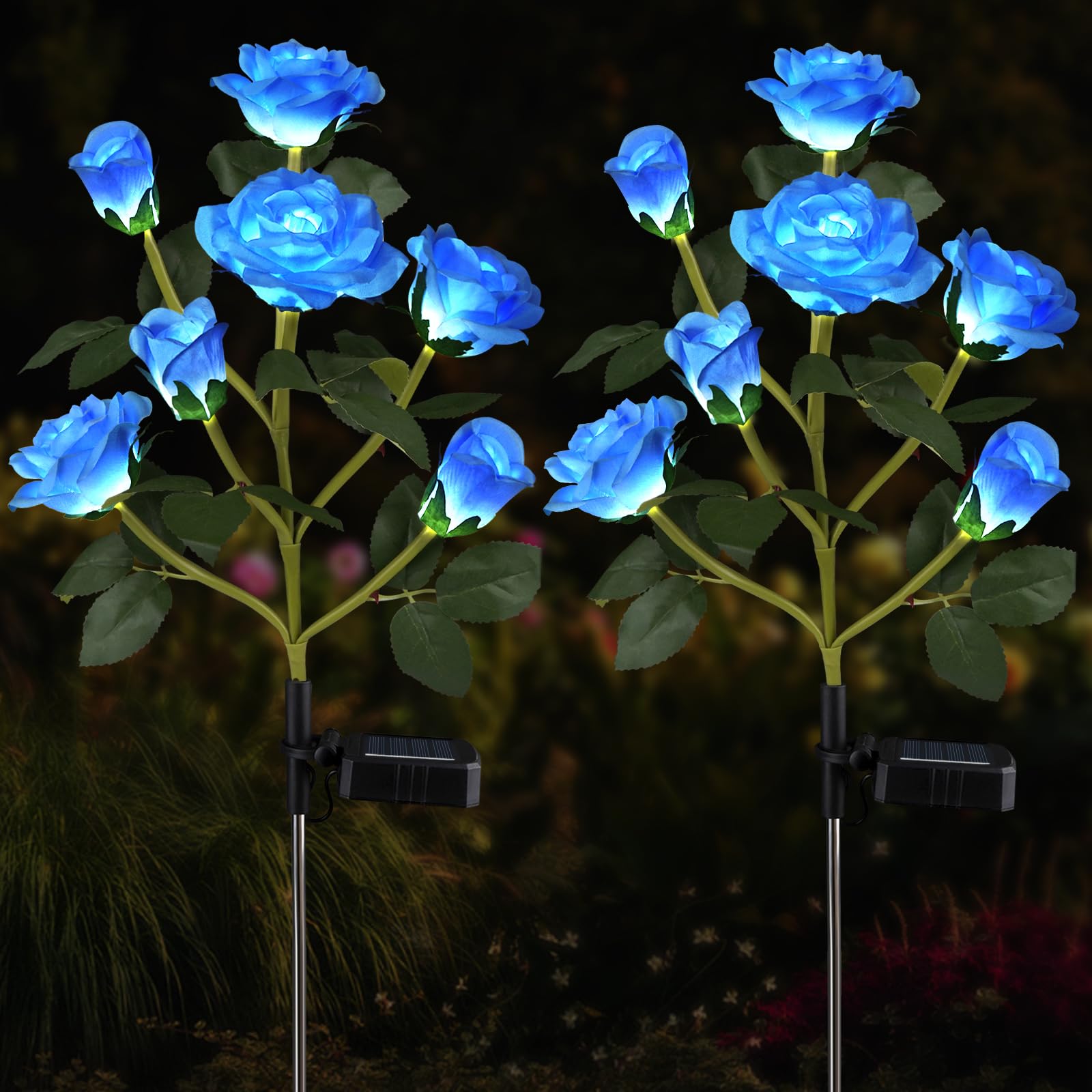 Aolyty 2 Pcs LED Solar Rose Lights, 7 Flowers Waterproof Garden Lights, Outdoor Pathway Lights, Decorative Artificial Ornaments, Night Light for Patio, Backyard (Blue)