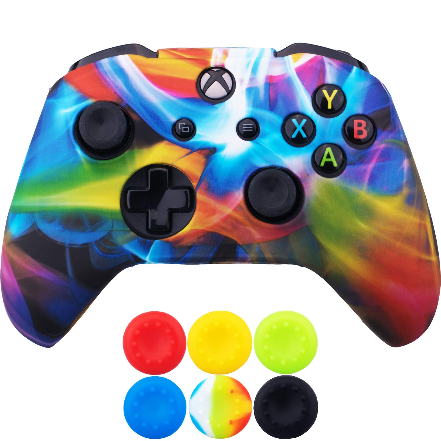 9CDeer 1 Piece of SiliconeTransfer Print Protective Cover Skin + 6 Thumb Grips for Xbox One/S/X Controller rainbow