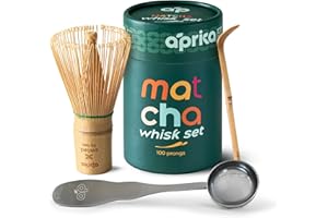 APRIKALIFE Aprika Life Matcha Bamboo Whisk Set 3 Pcs - Bamboo Whisk (Chasen) 100 Prongs, Scoop (Chashaku) & Stainless Steel Spoon - Handmade from 100% Natural Bamboo - Perfect for Japanese Matcha Green Tea