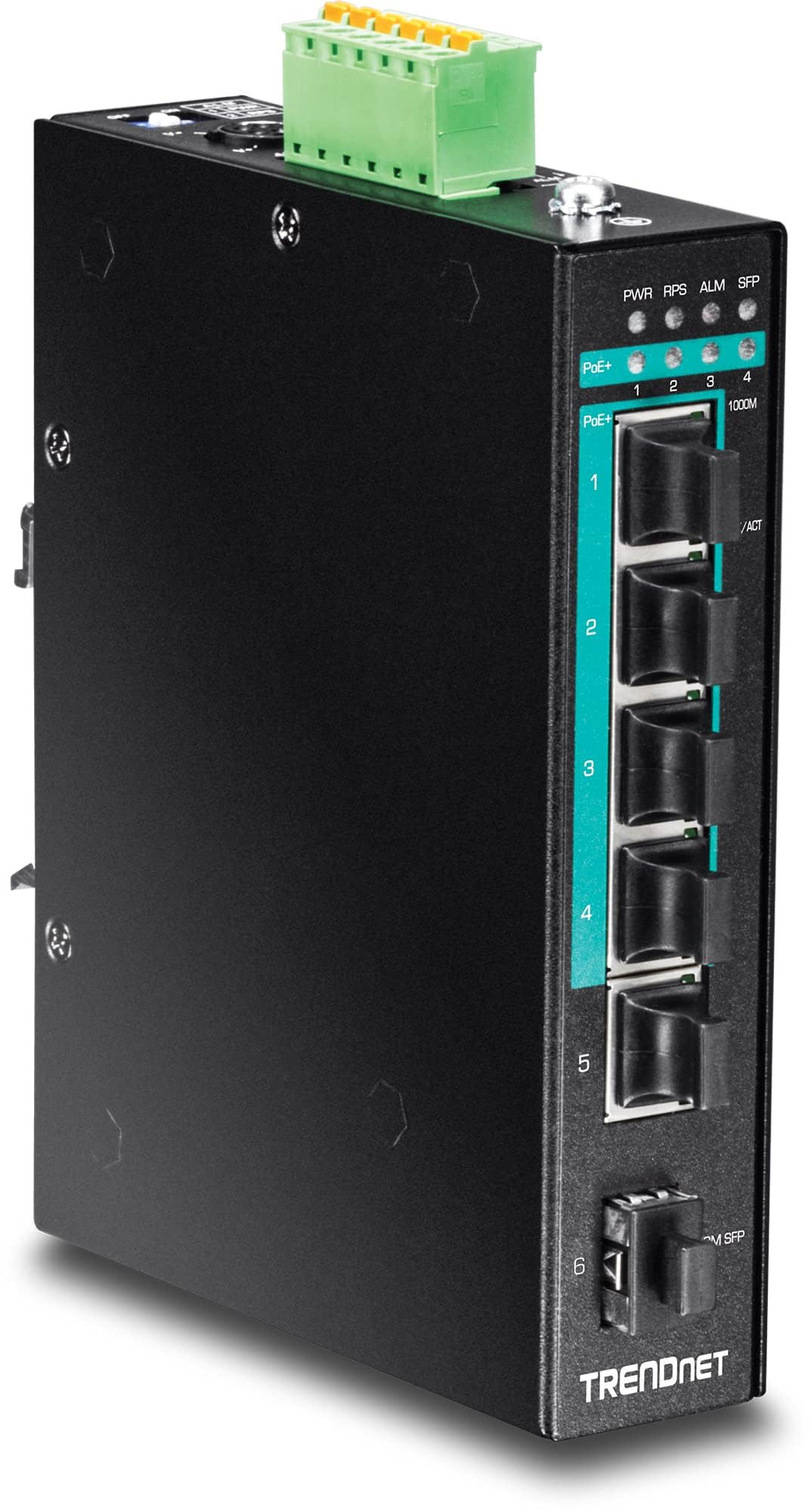 TRENDnet 5-Port Hardened Industrial Gigabit PoE+ DIN-Rail Switch, TI-PG541, 120 W Power Budget, 1 x SFP Slot, IP30 Rated Ethernet Unmanaged Switch, Gigabit PoE+ Network Switch