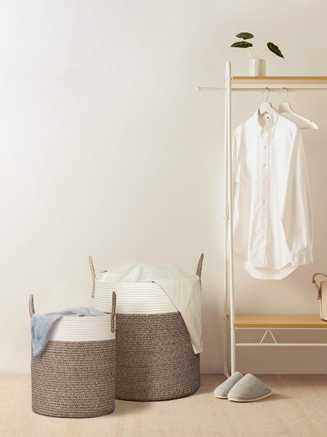 hanger storage container on Cherrynow Medium Cotton Rope Basket 13x15 Decorative Woven Basket For Laundry Towels Home Storage Container Brown Baby Blanket Storage Bins Boxes Furniture