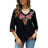 AK Women's Boho Embroidered Tops 3/4 Sleeve Mexican Peasant Shirts Bohemian Loose Tunic Blouses