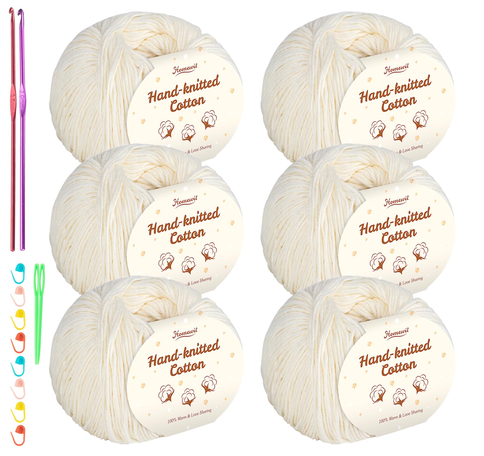 Cotton Yarn Beige 6 Pack, 100% Cotton for Baby Super Soft Children's Milk Cotton - Each Ball 1.76 Oz (50g) with 2 Metal (2.5-3.5mm) Crochet Hooks Baby Fluffy Ball for DIY Knitting