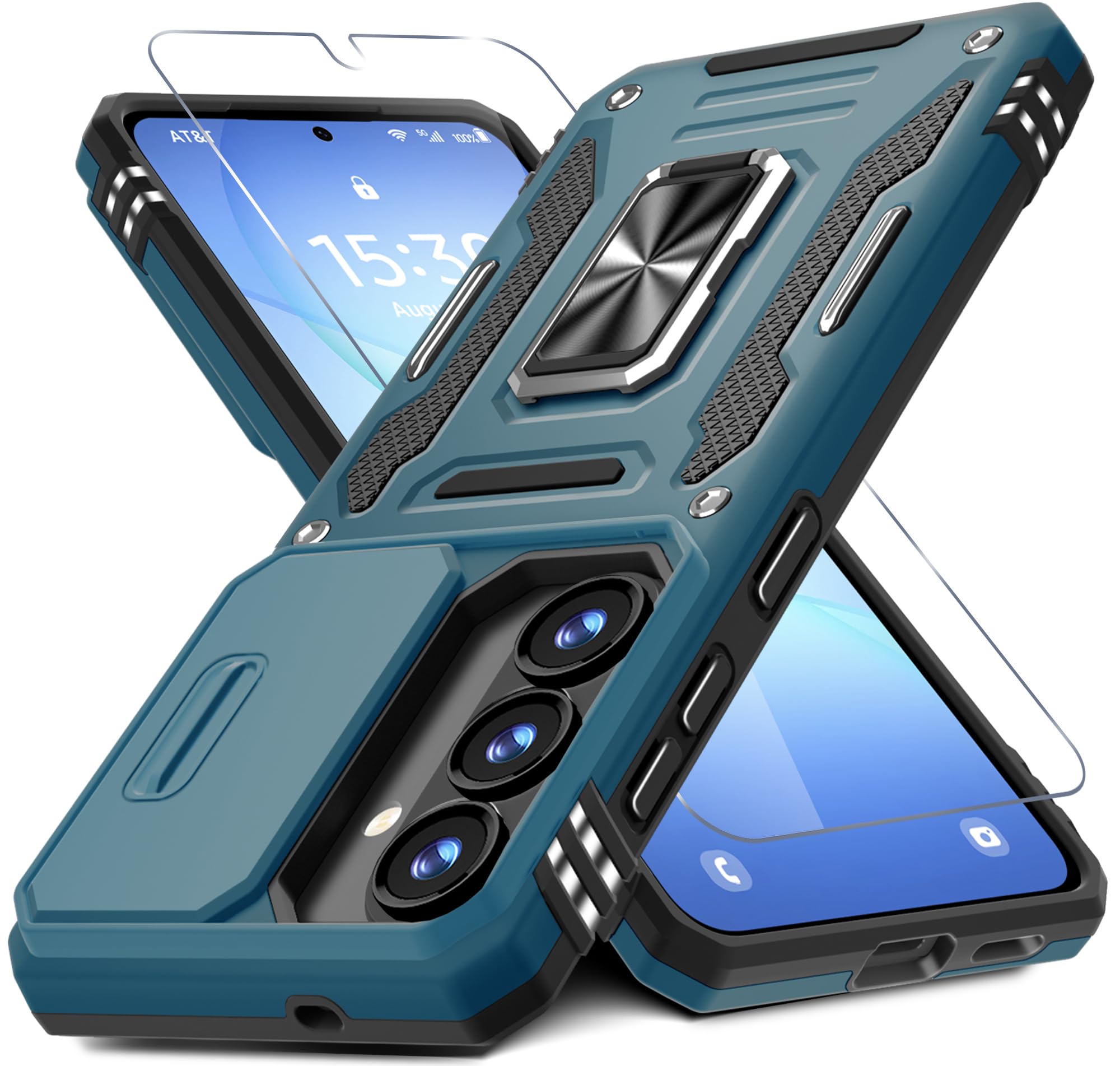DEERLAMN Case for Samsung Galaxy S26+ Plus 6.7-Inch with Slide Camera Cover+Screen Protector(1 Pack), Rotated Ring Kickstand Military Grade Shockproof Protective Cover-Light Blue
