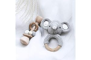 MAMIMAMI HOME Wooden Baby Rattle Crochet Elephant and Wooden Rattle Baby Toys Set Handmade Newborn Toy Early Development Grips Stuffed Animal Organic Rattle (Elephant Set)