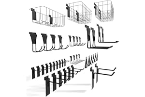 Fivaz 45 Pack Black Slatwall Accessories, Heavy Duty Steel Slatwall Hooks with 5 Pcs Multisized Slatwall Baskets & 6 Storage Straps, Slat Wall Hanging Accessory for Garage Tool Room Storage