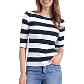 Allegra K Women's Striped Shirt Elbow Sleeve Slim Fit Tops Casual Basic Boat Neck Top