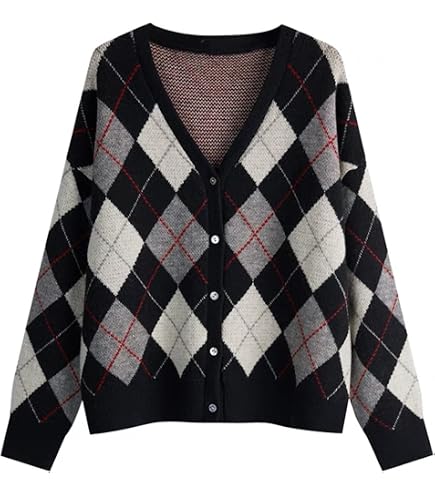 Women's Houndstooth Cardigan Sweater, Long Sleeve V-Neck Button
