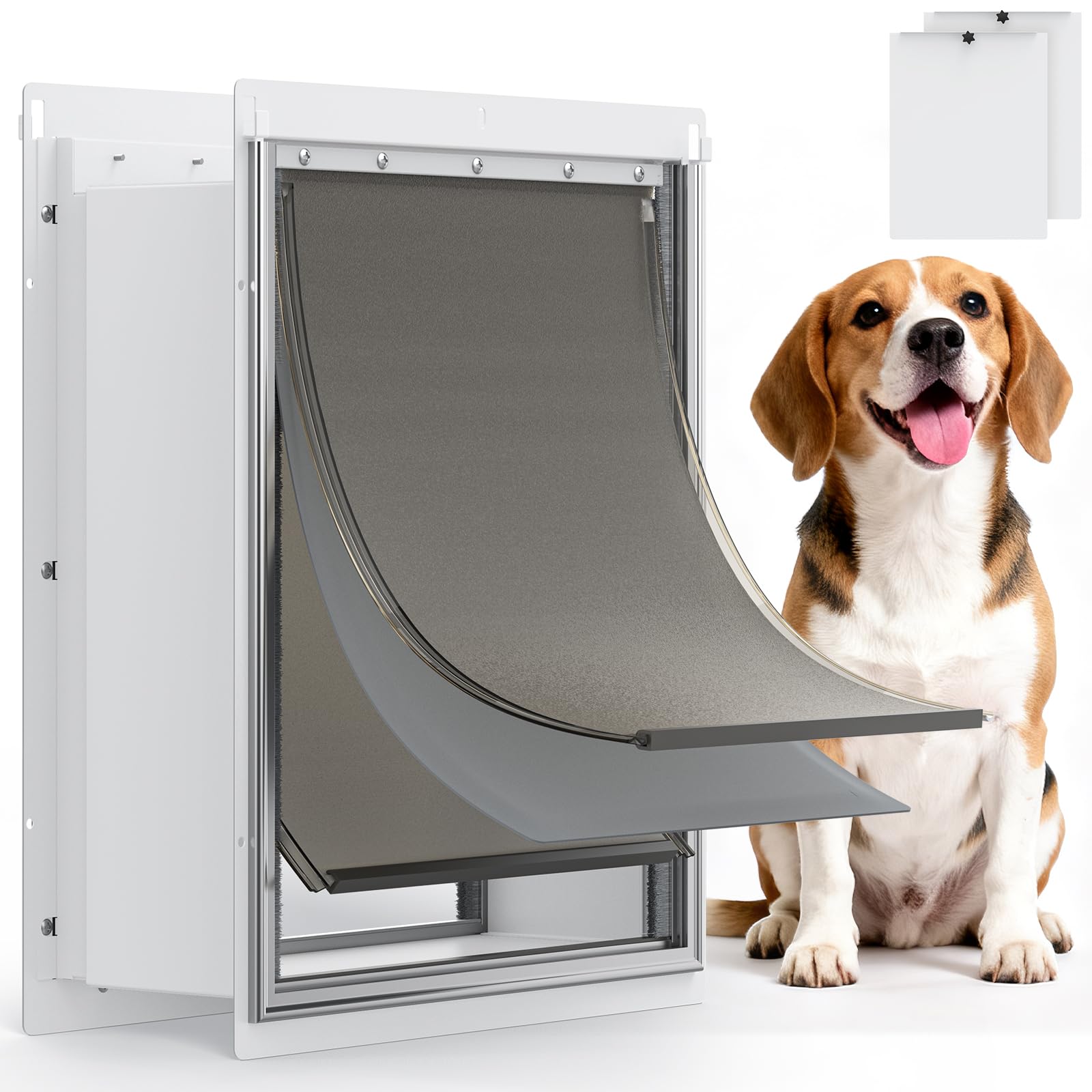 Photo 1 of Powools Pet Dog Door for Wall - Robust Steel Pet Door with Magnetic Triple Flaps, 12.6" x 10" Flap Opening, Adjustable Tunnel for 3.4"-6" Thick PVC, Wood, Drywall, for Pets Up to 45lb, White