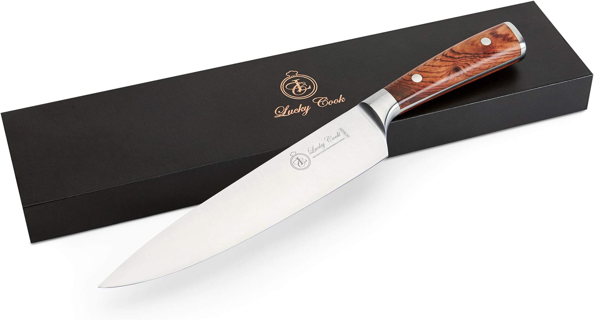 Lucky Cook8-inch Professional Chef Knife with Red Wooden Handle - Professional MultiUse Chef Carving Knife for Chopping, Slicing, Mincing - Sharp Carbon Steel Blade - Gift Box