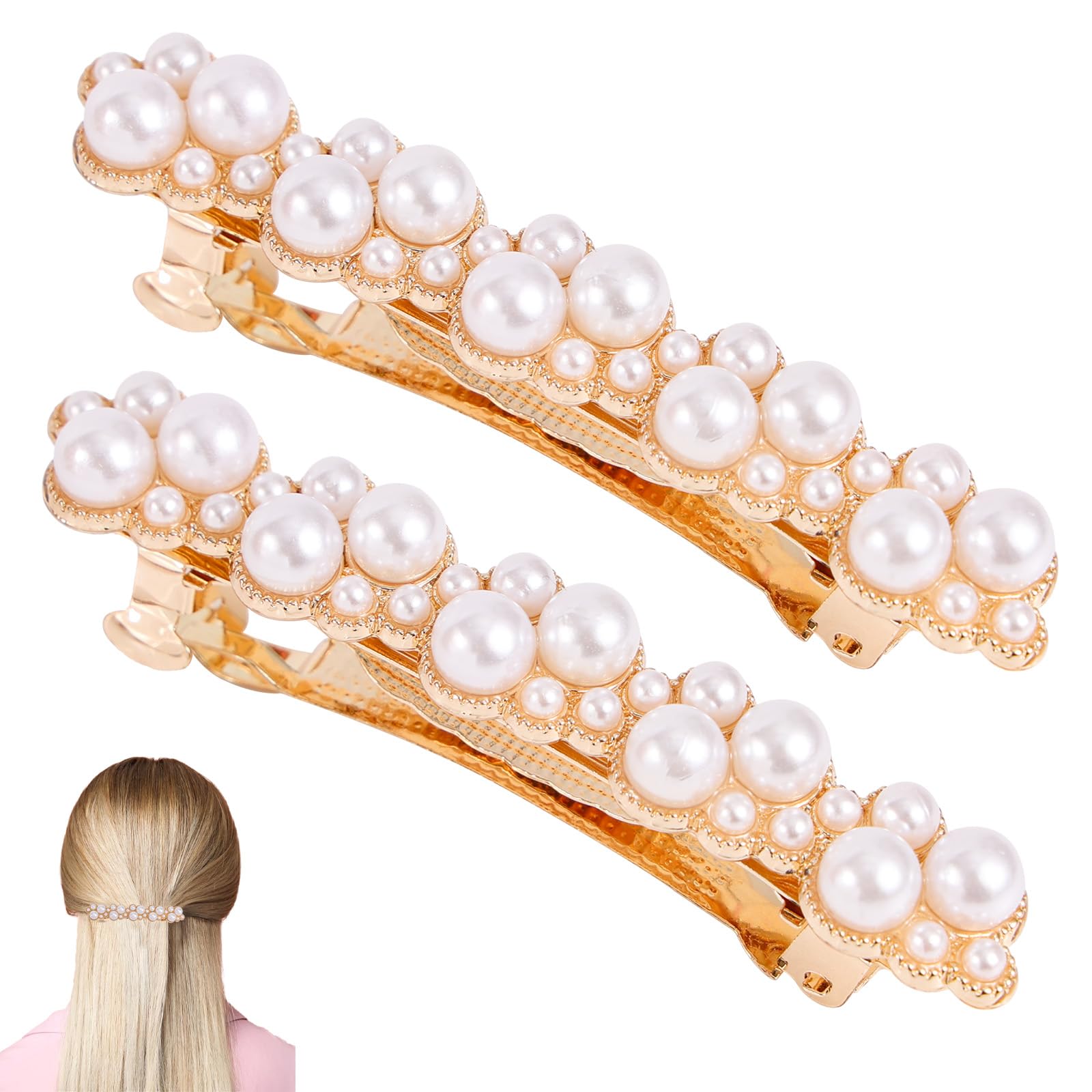 Photo 1 of 2pcs Pearl Hair Clips for Women, Elegant Gold Pearl Barrettes Metal Snap Fancy Hair Clips for Women Bridal Accessories