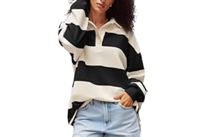 AMIBLVOWA Women Striped Polo Shirt Y2K Oversized Long Sleeve Collared Pullover Jersey Sweater Vintage Loose Rugby Sweatshirt