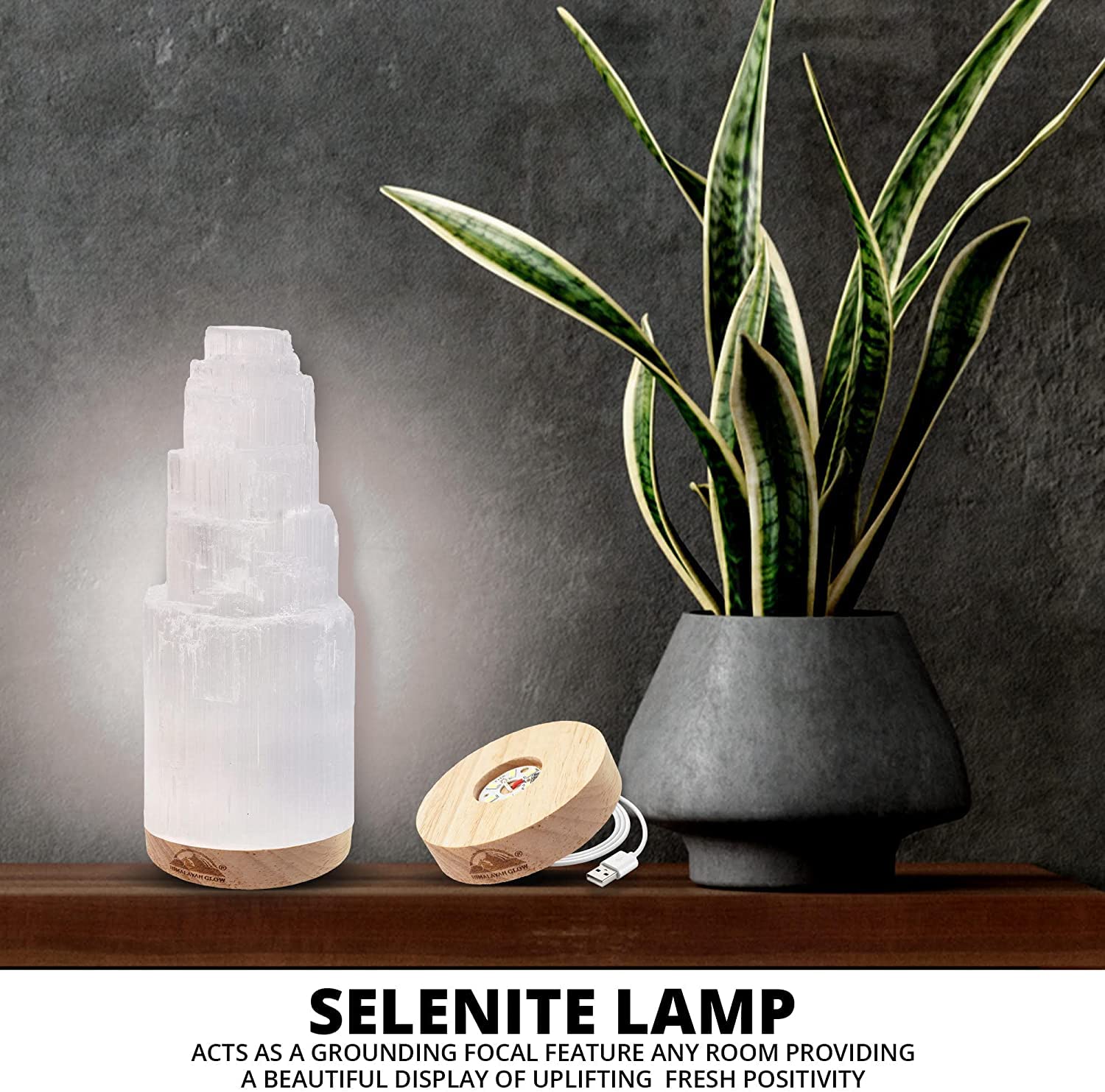 Himalayan Glow Selenite Crystal Lamp 20cm, Moroccan (ETL Certified) Tower Lamp with Wooden Base & USB Charging Cable, Anxiety Relief Healing Crystals for Home Decor
