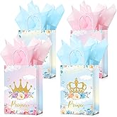 Nezyo 16 Pcs Princess Prince Party Favor Bags with Handles & Tissue Paper Prince Princess Candy Treat Goodie Gift Bags for Birthday Baby Shower Party Favors(Blue and Pink Crown)