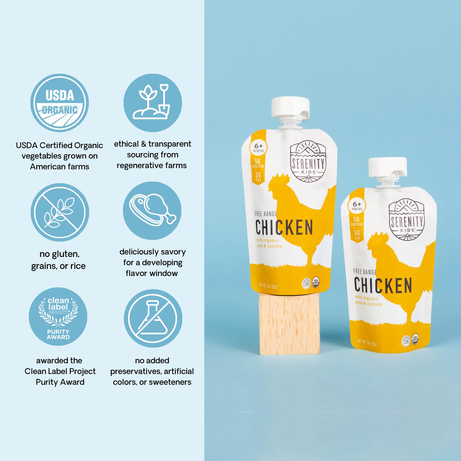 Serenity Kids 6+ Months Baby Food Pouches Chicken Puree - BPA-Free Organic Baby Food - Free-Range Chicken & Pea & Carrot - 3.5 Oz, 6 Pack