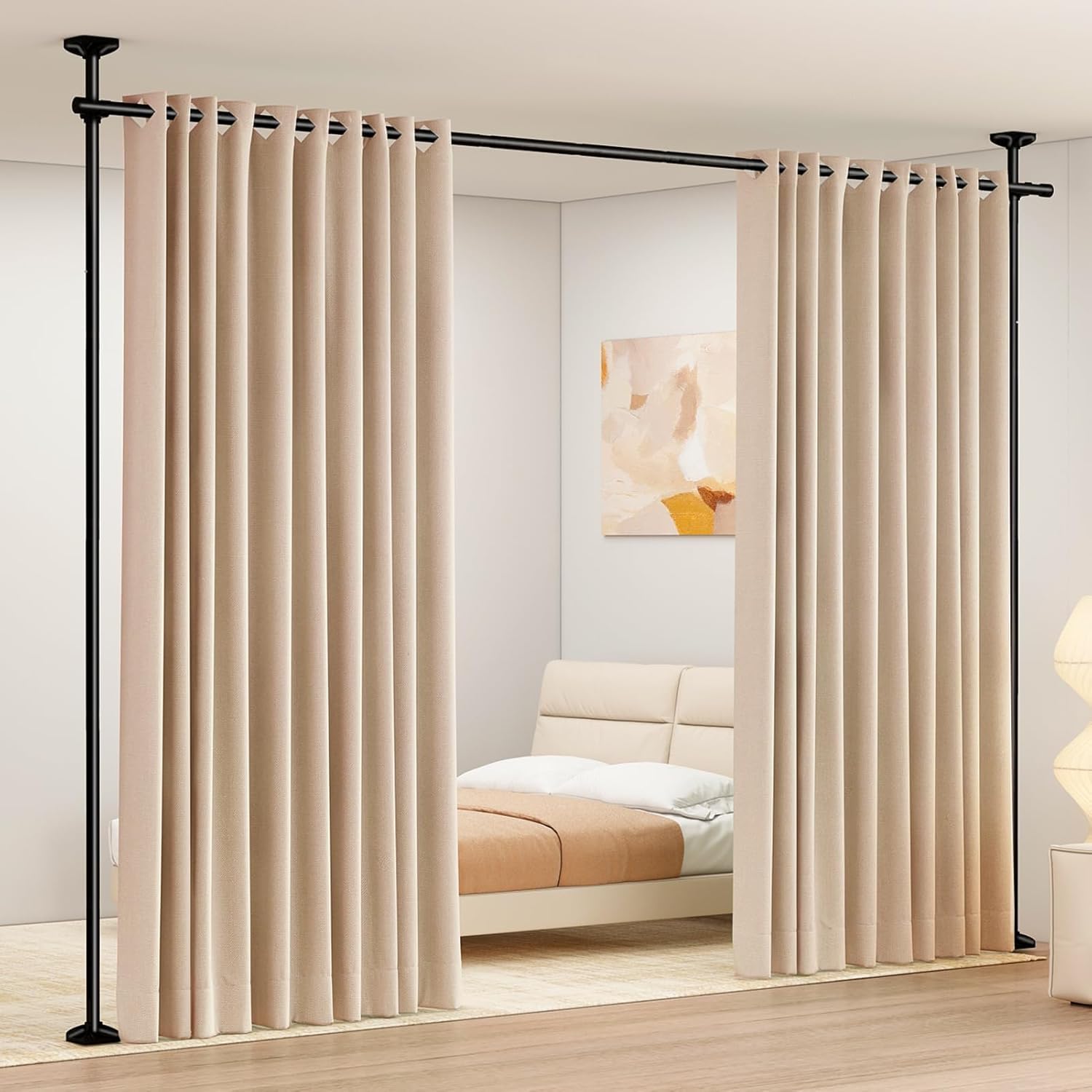 WELDUN Room Divider Curtain Rods, Floor Standing drapery rod, No Drill Damage Free Stand Alone Curtain Rods, Heavy Duty Vertical Tension Curtain Brackets 227-312 cm.(H) 71-178 cm.(W), Black