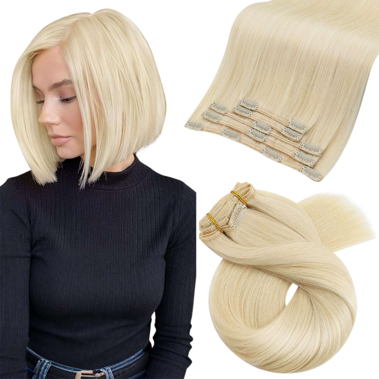 Moresoo Clip in Hair Extensions Real Human Hair Blonde Clip in Human Hair Extensions 10 Inch Platinum Blonde Remy Straight Hair 5 Pieces/80g #60 โ image 1