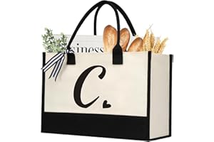 shenee Initial Canvas Tote Bag, Personalized Beach Jute Bag Present for Women Holiday,Friends Birthday Gift,Wedding, New Year