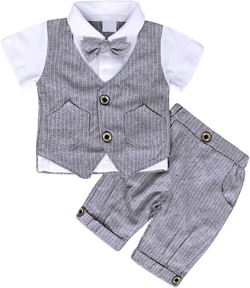 MetCuento Baby Boy Gentleman Outfit Short Sleeve Suit Classic Tuxedo Bow Tie Wedding Party Formal Dress Suit