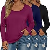Evervibe 3 Pack Women's Plus Size Scoop Neck Long Sleeve Shirts, U Neck Loose Layer Tops Casual Soft Solid Basic Tees Blouses