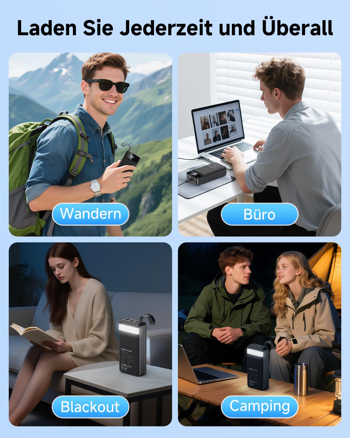 Powerbank 60000mAh, 22,5W PD USB-C Schnellladegerät, Externer Akku mit LED-Anzeige, Power Bank 4 Ausgängen und 2 Eingängen, kompatibel mit iPhone, Tablets, Android und mehr Schwarz 8