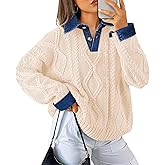 Soesdemo Womens Oversized Cable Knit Sweaters Chunky Long Sleeve Button Up Denim Polo Neck Knit Pullover Tunic Sweaters