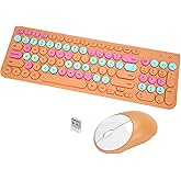 Wireless Keyboard and Mouse Combo, Retro Typewriter Keyboard with Round Keycaps, 2.4GHz USB Cute Wireless Keyboard Mouse for Computer, Desktop, Laptop and Computer (Orange Colorful)