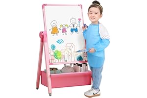 YOZOIA Art Easel for Kids, Double Sided Kids Easel Drawing Board, Whiteboard & Blackboard, 360°Rotating Adjustable, Standing Erasable Easel Board, Easel for Classroom (Pink)