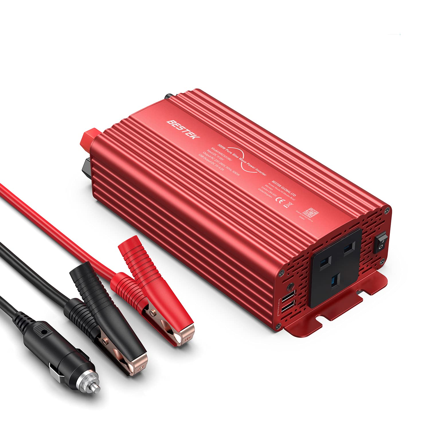 BESTEK 500W Pure Sine Wave Power Inverter DC 12V to AC 230V 240V with 4.2A Dual Smart USB Ports Car Adapter Red