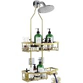 Joqixon Shower Caddy, Extended Length Shower Organizer with Hooks, Rustproof Shampoo Soap Holder, Large Hanging Bathroom Caddy, Gold