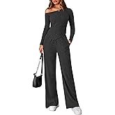 PRETTYGARDEN Fall Two Piece Sets For Women 2026 Off Shoulder Tops Long Pants Knit Matching Lounge Set Airport Travel Outfits