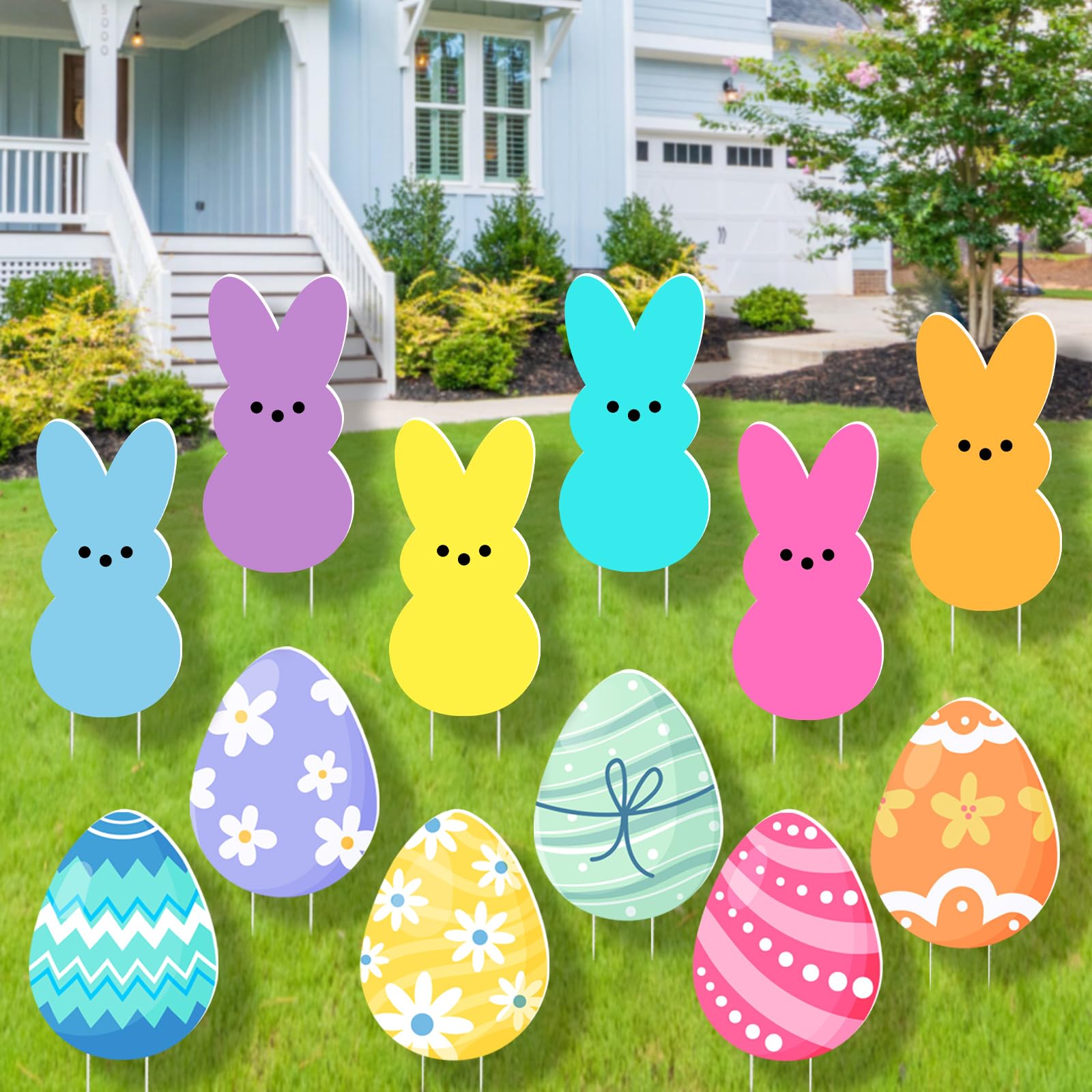 Photo 1 of 12 PCS Pastel Easter Yard Signs Decorations Outdoor - Colorful Cute Easter Bunny Egg Yard Signs with Stakes - Large Size Waterproof Spring Rabbit Decor for Egg Hunt Front Porch Lawn Holiday Supplies