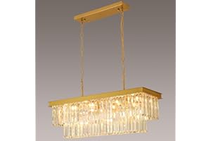 Crystal Chandeliers for Dining Room Light Fixtures Over Table，11-Lights Gold Modern Rectangle Chandeliers for Kitchen Island 