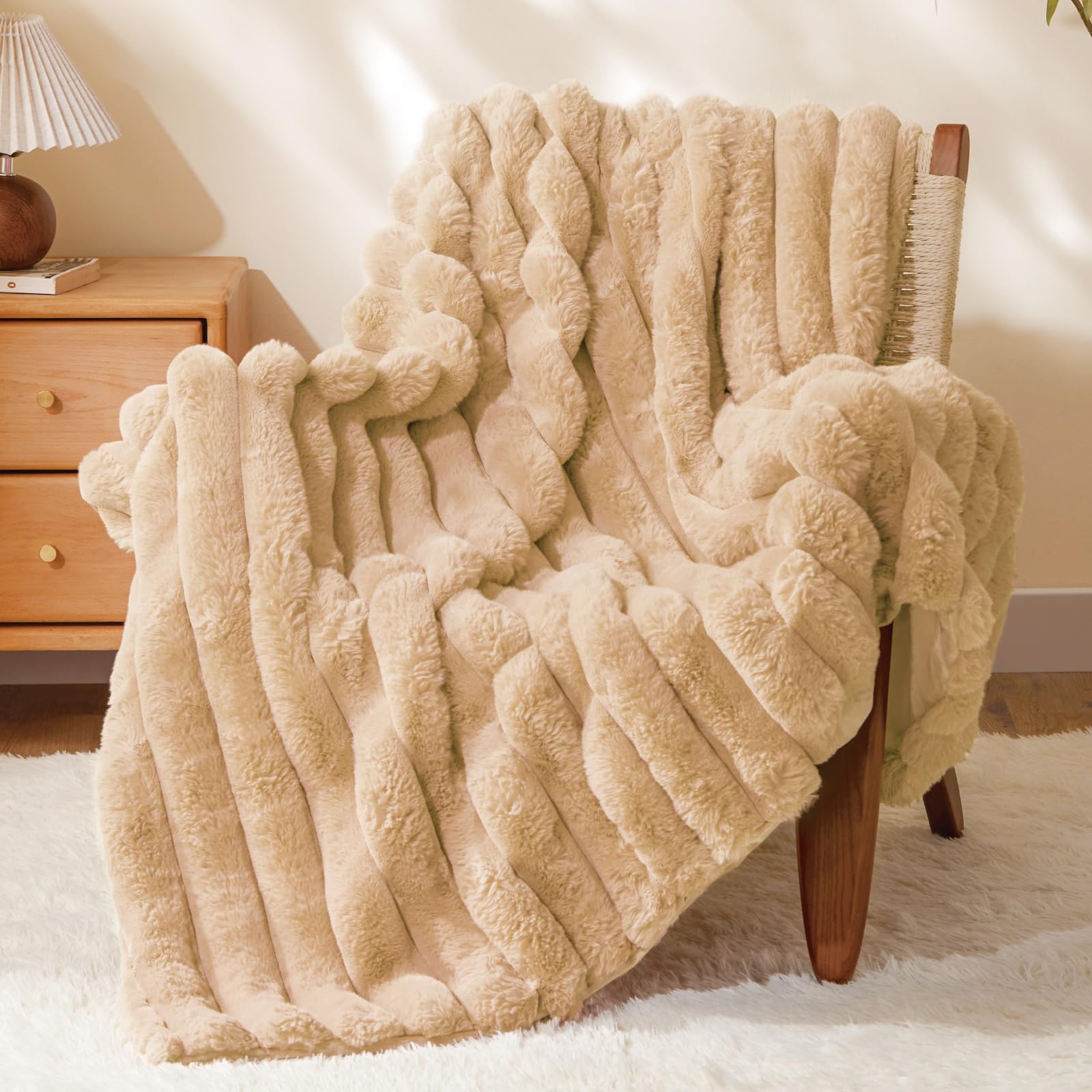 Photo 1 of BEDELITE Faux Fur Throw Blanket for Couch, Soft and Cozy Luxurious 3D Striped Fluffy Blanket, 770GSM Thick Warm Plush Fuzzy Faux Rabbit Fur Blanket for Women Gift (Brown, 60"x 80")