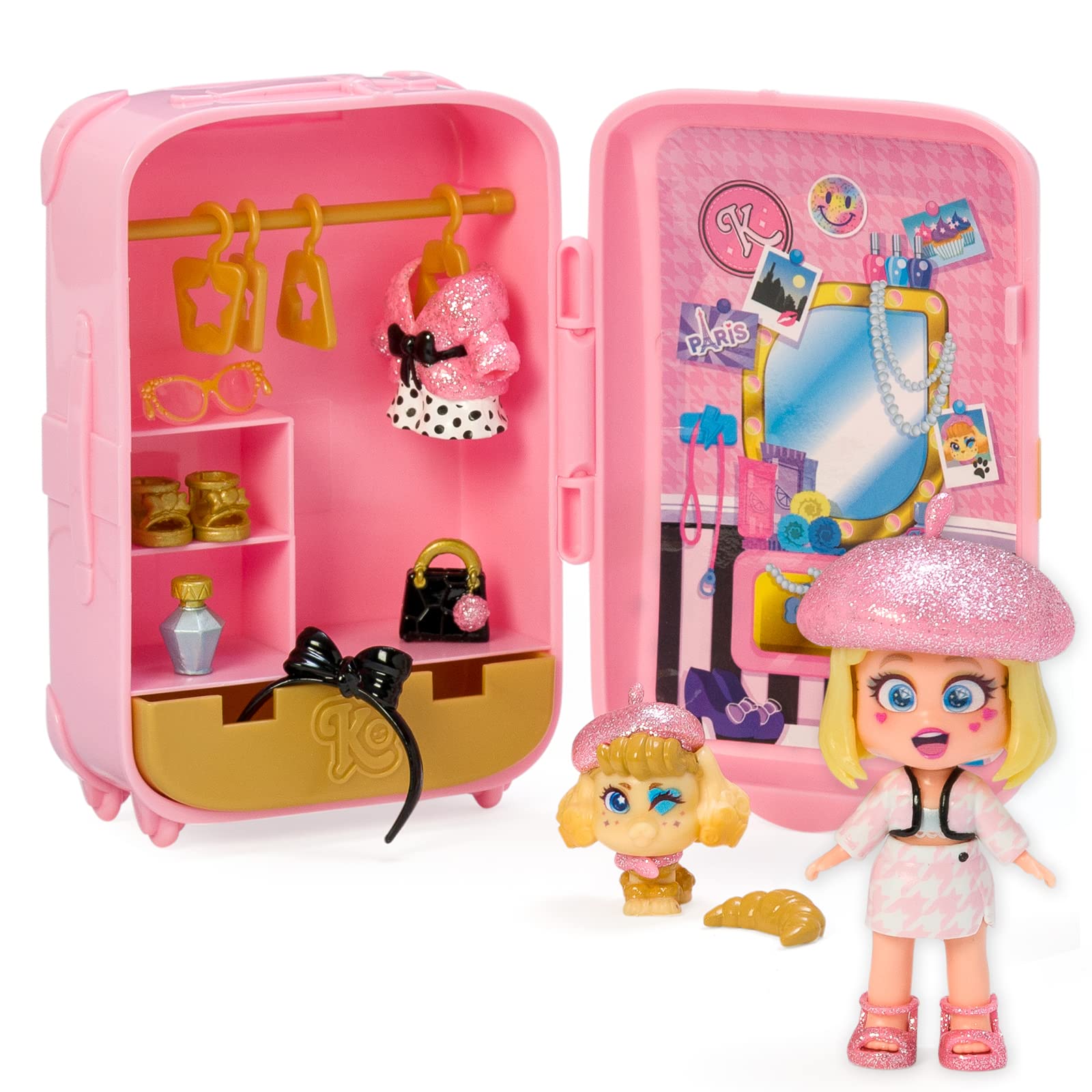 KOOKYLOOS Elle’s Suitcase – Doll’s suitcase with over 14 fashion accessories and exclusive doll with 3 fun expressions. Includes clothes, accessories and shoes, hangers and an exclusive pet